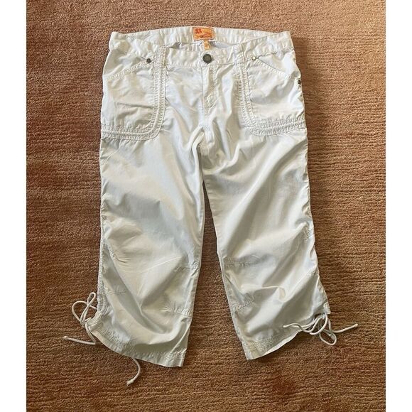 Twill Twenty Two White Cropped Pants Size 28 Drawstring Hem Ruched Cotton - Picture 1 of 7